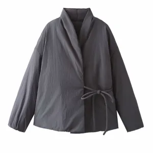Damen Kimono-Stil Gesteppte Wattierte Baumwolljacke Winter Warm Schleife Seitliche Wattierte Mantel Minimalistisch Locker Top