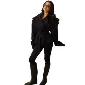 Women's black belted long sleeve coat fashion commuting casual jacket main product display view