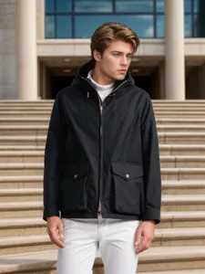 Schwarze Herren Kapuzenjacke mit Taschen, stilvolle lässige Oberbekleidung für Herren.