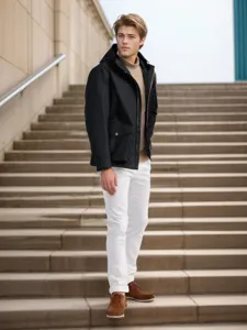 Detailaufnahme einer Herren Kapuzenjacke kombiniert mit Rollkragenpullover auf Treppe.