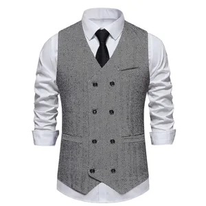 Men's Herringbone Double-Breasted Suit Vest Business Casual Waistcoat with White Shirt