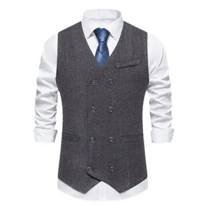 Men's classic herringbone double-breasted suit vest vintage casual sleeveless waistcoat.