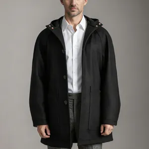 Manteau à Capuche en Laine pour Homme Automne Hiver Mi-Long Couleur Unie Manches Raglan Veste en Polyester avec Poches