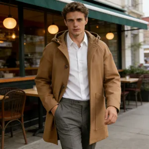Manteau en mélange de laine à capuche pour homme hiver unie veste décontractée poches