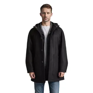 Manteau en laine noir à capuche pour homme avec manches raglan, vue principale de profil.