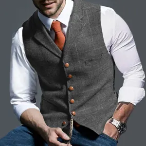 Stylish men's slim fit plaid waistcoat in charcoal gray with single-breasted wood buttons