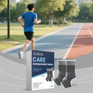 Compression socks detail view showing knitted ankle support fabric and branded packaging box.
