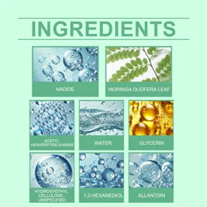 Detailed skincare ingredients chart showing active peptide, glycerin and botanical extracts.