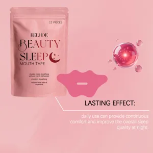 Detail view of pink mouth tape packaging and individual strip with aloe infusion