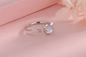 Close-up of S925 silver little devil ring with moonstone for women