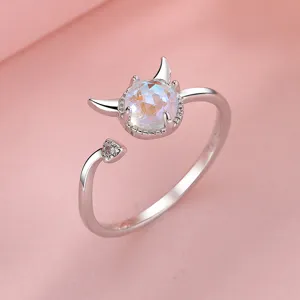 Silver little devil open ring with faceted moonstone and sparkling accent