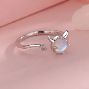 Sweet little devil open ring with moonstone and heart detail in S925 silver