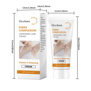 Gedetailleerde afmetingen van OceAura okselcrème tube en verpakking in cm en inches