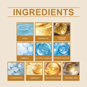 Gedetailleerde infographic van ingrediënten zoals vitamine C voor hydraterende bodycrème.
