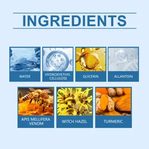 Detailed infographic showing natural and active ingredients like turmeric and witch hazel extracts.