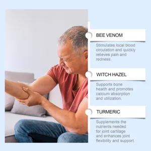 Joint relief spray detail showing natural ingredients like bee venom and turmeric for pain.