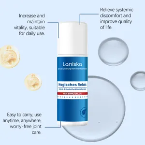 Detail view of LANISKA joint relief spray bottle featuring clear English functional indicators.