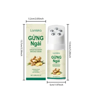 Detailed view of the 120ml ginger massage serum bottle and box with exact dimensions.