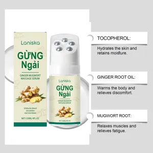 Ginger mugwort massage serum detail showing rollerball head and key ingredient benefits.
