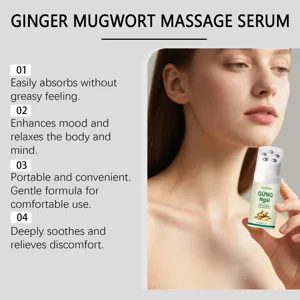 Detail view of ginger mugwort roller massage serum bottle held by model for daily neck care.