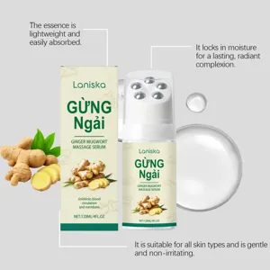 LANISKA ginger mugwort massage serum roller bottle detail view, lightweight formula for daily care.
