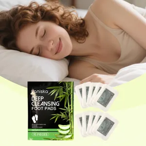 Close-up of Laniska deep cleansing foot pads and packaging next to a sleeping woman.