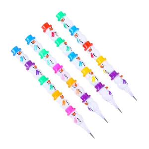 Detailed view of cute stackable snowman pencils, 5-section detachable design for kids.