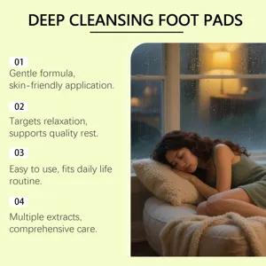 Detail showing a woman sleeping peacefully highlighting foot pad relaxation benefits.