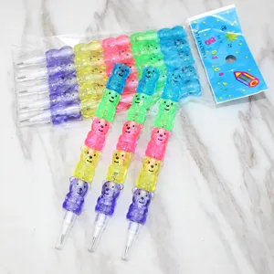 Detail view of colorful cartoon bear stackable bullet pencils for students stationery