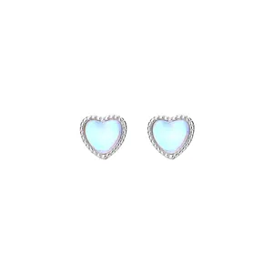Elegant iridescent moonstone heart-shaped stud earrings in a silver minimalist design