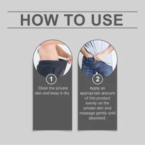 Instructional guide for men's massage oil showing cleaning and application steps.
