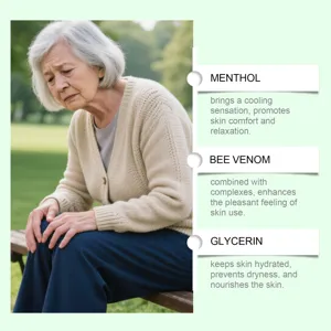 Joint care spray detail image showing natural ingredients like menthol, bee venom and glycerin.