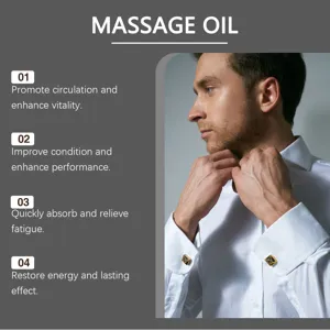 Infographic showing massage oil benefits for men with professional lifestyle imagery