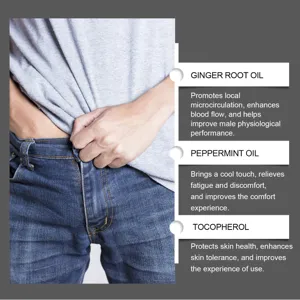 Detail showing ingredients: ginger root oil, peppermint oil, and tocopherol for men