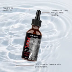 Detail view of North Moon men's vitality massage oil bottle on water ripple background