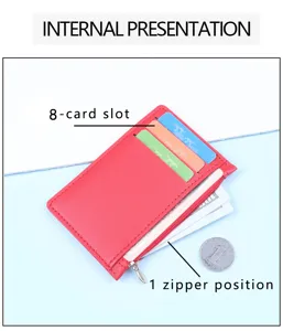 Ultra-slim red leather card holder with 8 slots and a secure zipper pocket for cash