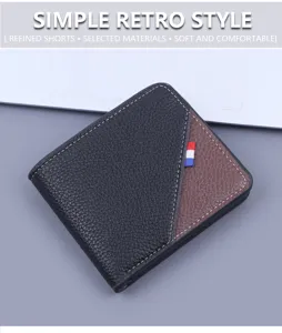 Cartera corta para hombre en cuero granulado negro y marrón con etiqueta tricolor