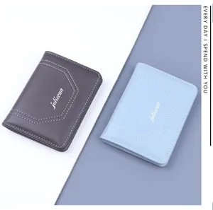 Dos carteras verticales delgadas de cuero sintético en gris y azul con logo Jolizeon