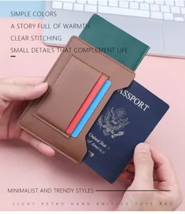 Close-up of a slim brown leather passport holder featuring card slots and a blue US passport