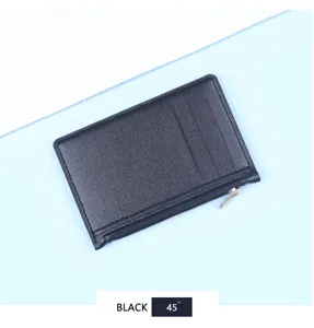 Detail view of slim black leather card holder with card slots and zipper