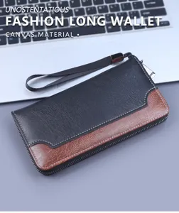 High-quality detail of men's fashion long clutch wallet with wrist strap and stitching