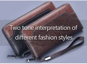Detailed view of two-tone men's long wallets with textured leather and wrist strap.