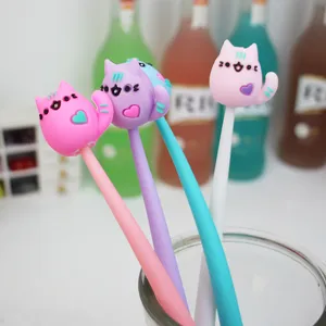 Joli set de stylos gel chat dessin animé avec embouts en silicone souple, papeterie créative.