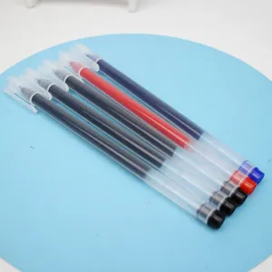 Close up detail of transparent gel pens set with needle tips and smooth writing ink colors.