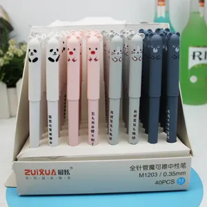 Cute cartoon erasable gel pens set with animal designs fine point blue ink detail view display box.