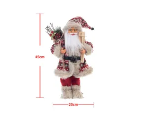 Vista dettagliata del Babbo Natale in piedi con sci e sacco, dimensioni 45x20 cm