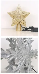 Detaillierte Nahaufnahme von glitzerndem goldenem Stern und silberner LED-Christbaumspitze