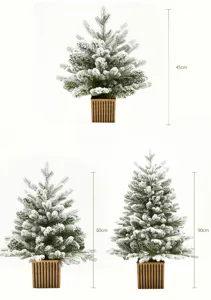 Confronto tra tre alberi di Natale innevati con vasi vintage, altezze 45cm, 60cm e 90cm.