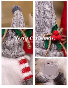 Nahaufnahme der Details von Strickmütze, Bart und Batterieschalter des Weihnachtsgnoms.