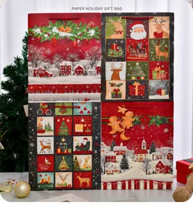 Detailed view of four festive Christmas gift bags with glittery holiday patterns.